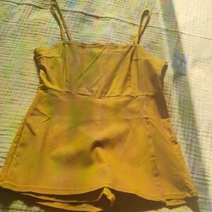 Mustard Yellow Spaghetti Strap Romper With Built In Shorts Skort Style.